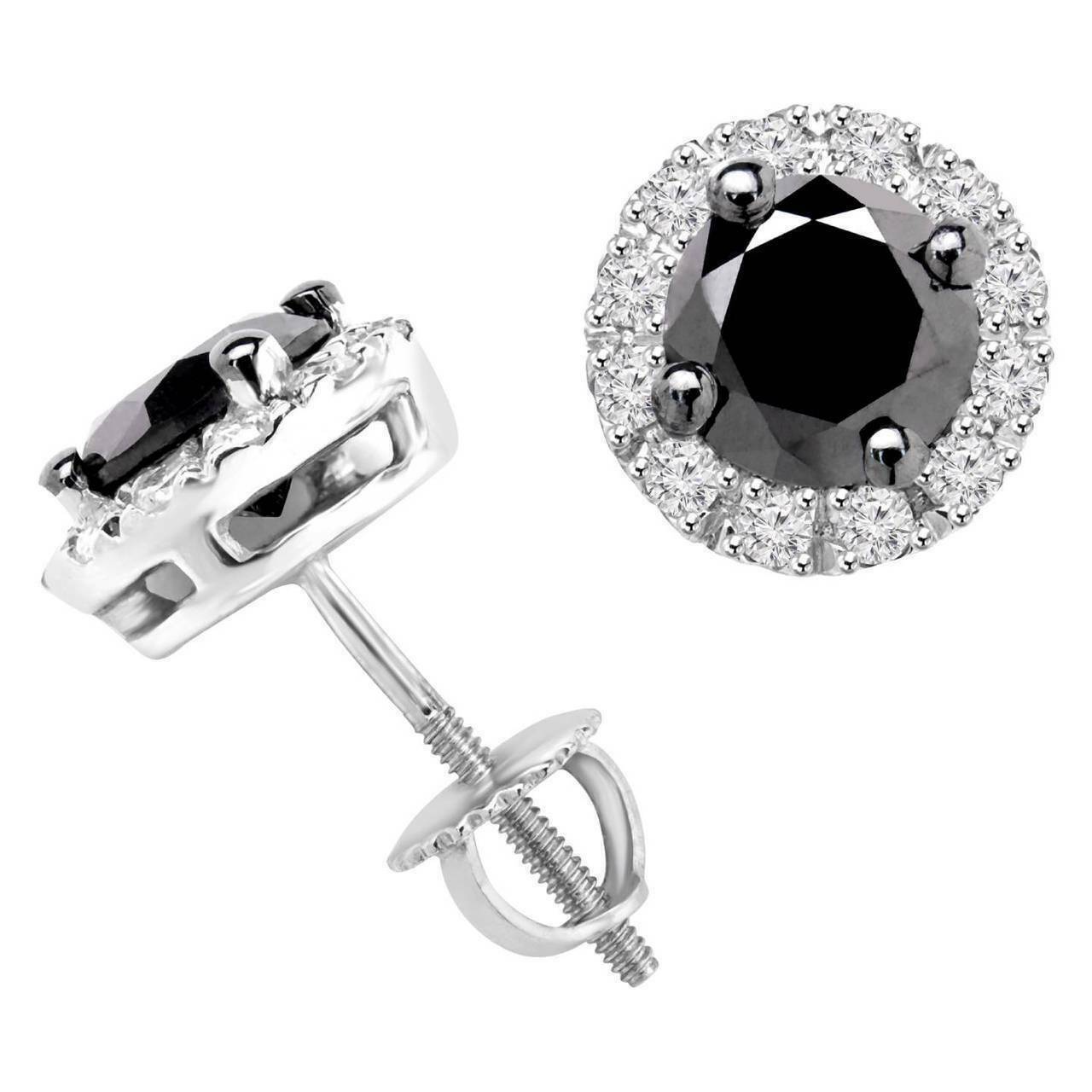 1Ct Black&White Simulated Diamonds Halo Stud Earrings 14K white Gold Plated - £65.29 GBP