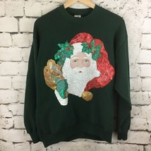 Vintage 80&#39;s Jerzees Sweatshirt Sz L Christmas Santa Claus Glitter Grandma Core - £19.52 GBP