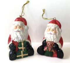 Vtg Christmas Tree Ornament Santa Claus w/ Gifts and Teddy Bear Lot 2pc Ceramic - $14.00