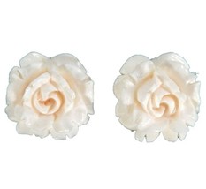 Vintage Carved Celluloid Rose Flower Rosettes Earrings White Clip On Marked 800 - £24.35 GBP