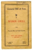 Weber Grill Bill of Fare Stockton &amp; Manteca California 1935 Peacock Alley - £30.07 GBP