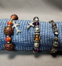 Cross Charm Glass Beads Wood Stone Chip Beaded Stretchy Stretch Bracelets Lot x3 - £12.63 GBP