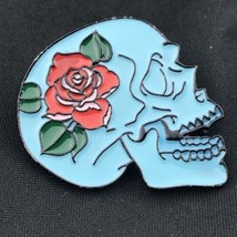 Blue Skull Rose Pin Floral Goth Death Pinback - £7.93 GBP