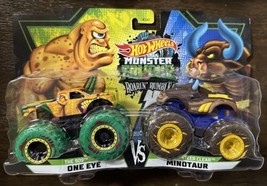 NEW 2021 Hot Wheels Monster Trucks Roarin&#39; Rumble One Eye vs Minotaur 2 ... - $19.84