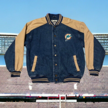 Vtg Lee Sport Miami Dolphins NFL Denim Jacket Big Logo Spellout Large Button Up - £66.52 GBP