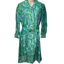 Vintage Hillebrand Mod Floral Shirt Dress Green Blue Belt German 3/4 Sle... - $49.45
