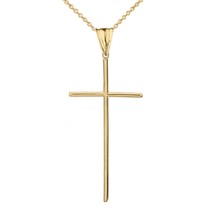 14k Solid Yellow Gold Dainty Thin Simple Long Cross Pendant Necklace - £113.51 GBP+