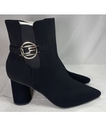 Elegant Black Ankle Boots 10M with Gold Logo Pointed Toe Suede Spool Hee... - $541.55 MXN