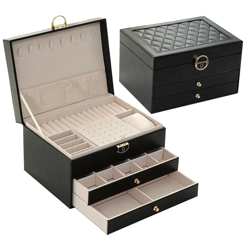 Double Drawer Leather Jewelry Box High-grade Earrings Hand Jewelry Display  With - £60.00 GBP