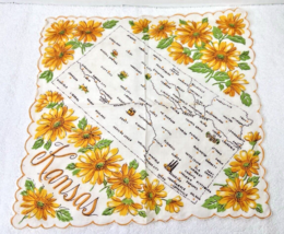 Vintage Hankies Kansas State Map w Yellow Flowers 12.5 Inch Scalloped - $16.34