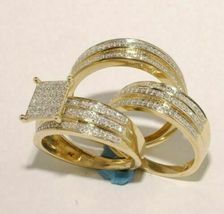 2.60 Ct Simulated Diamond His &amp; Her Bridal Ring Trio Set925 silver Gold Plated - £93.56 GBP