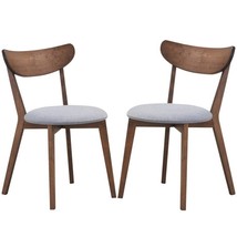 Set of 2 Mid-Century Modern Curved Back Wood Dining Chair Grey Upholstered Seat - £172.08 GBP