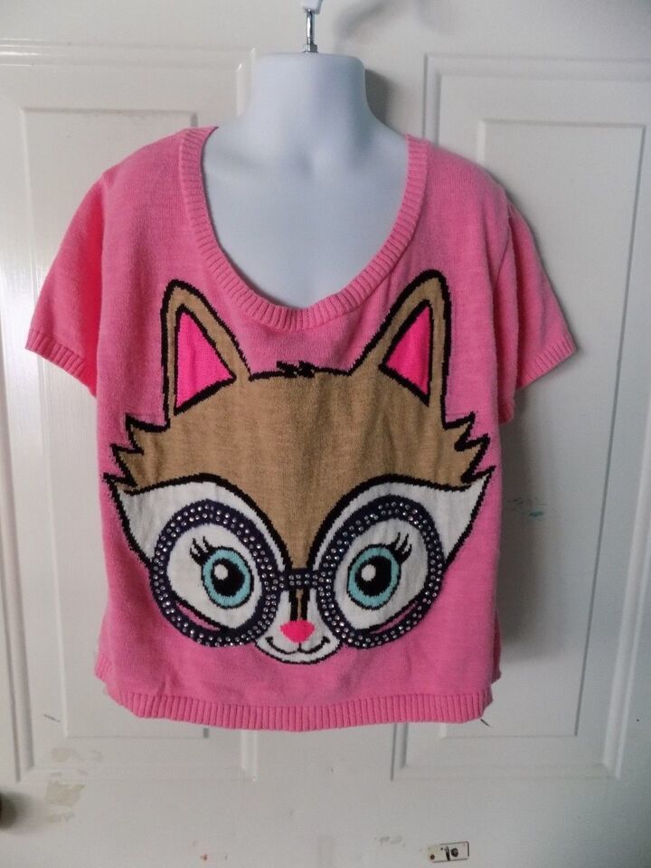 Justice Cropped Sweater Short Sleeve Pink Fox W/Glasses Size 14 Girl's EUC - $14.44