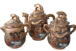 c1890 Japanese Shimazu Satsuma Dragonware Teapot Creamer and Sugar - $386.10