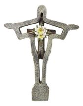 Jesus Christ The Redeemer With White Flower Faux Wooden Layered Wall Cross - $21.99