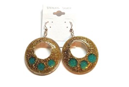 Gold &amp; Aqua Dotted Glitter Bauble Earrings Sterling Silver - £15.67 GBP