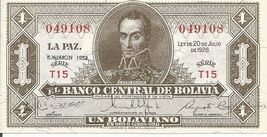 Banco Central De Bolivia Un Boliviano  1952  UNC. ) banknote Series  T 1... - $4.94