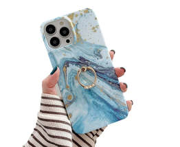 Anymob iPhone Case Turquoise Gradient Glitter Marble Pattern Ring Holder Stand - £19.29 GBP