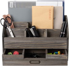 Distressed Rustic Wooden Office Desk Organizer With 5 Compartments, 2 Dr... - £39.13 GBP