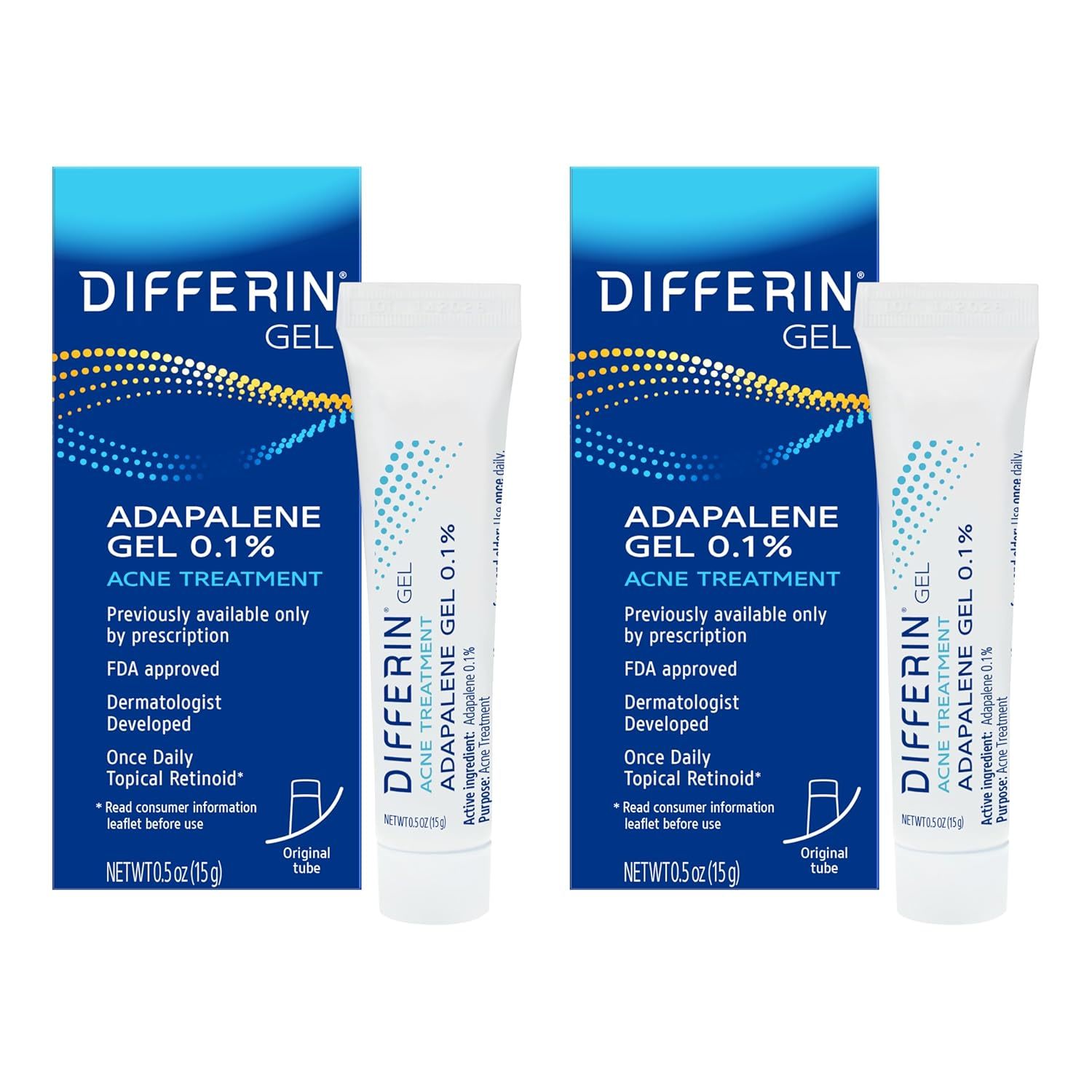 Differin Acne Treatment Gel 15g (2-Pack) – 0.1% Adapalene for Sensitive Skin