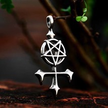 Mens Baphomet Satanic Inverted Pentagram Cross Pendant Necklace Stainless Steel - £8.53 GBP