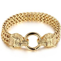 Gold Plated Wolf Lion Head Men Bracelet In Stainless Steel Men&#39;s Bracelets Gothi - £26.93 GBP