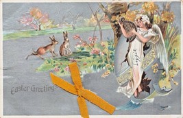 Easter Greetings To YOU~ANGEL-HARP-RABBITS-RIBBON~1910s Silver Gilt Postcard - £6.15 GBP