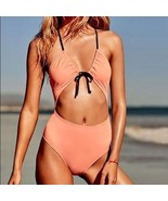 PINK Victoria&#39;s Secret Keyhole Front-Tie Plunge One-Piece Swimsuit Peach... - $54.70 CAD