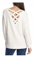 New 1.STATE Lattice V-Back Soft Waffle Weave Knit Sweater White Large - £19.57 GBP