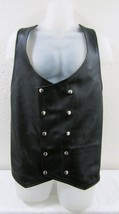 Men&#39;s Thick Black Leather Vest with Double Button Closure and Leather Tie Sides - $197.01