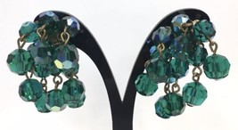 Vintage Dark Green AB Cluster Dangle Earrings Clip On Style - $15.00