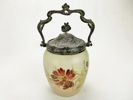 Victorian Glass Biscuit Jar, Metal Lid &amp; Handle, Purple Flowers, Vintage CJ-10 - £336.06 GBP