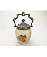 Victorian Glass Biscuit Jar, Metal Lid &amp; Handle, Purple Flowers, Vintage... - £330.59 GBP