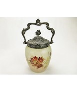 Victorian Glass Biscuit Jar, Metal Lid &amp; Handle, Purple Flowers, Vintage... - $573.19 CAD