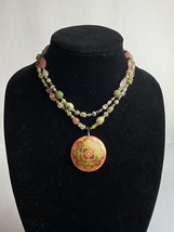 Cloisonné Necklace Beads Silvertone 16” Floral Pink Pendant Asian Artisan DKD - £27.62 GBP