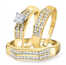 1-1/8 CT White Diamond 10K Yellow Gold Finish Trio Wedding Engagement Ring Set - £110.00 GBP