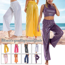 Women Shiny Metallic Wide Leg Dance Pants Elastic Waist Loose Straight T... - $25.74