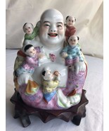 Chinese Porcelain Smiling Buddha with Children Famille Rose Hand Painted... - $85.00