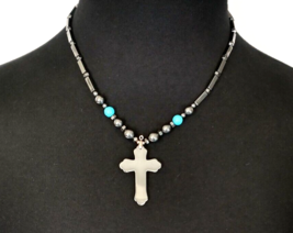 Hematite Cross and faux turquoise bead Vintage Costume Necklace - £6.45 GBP