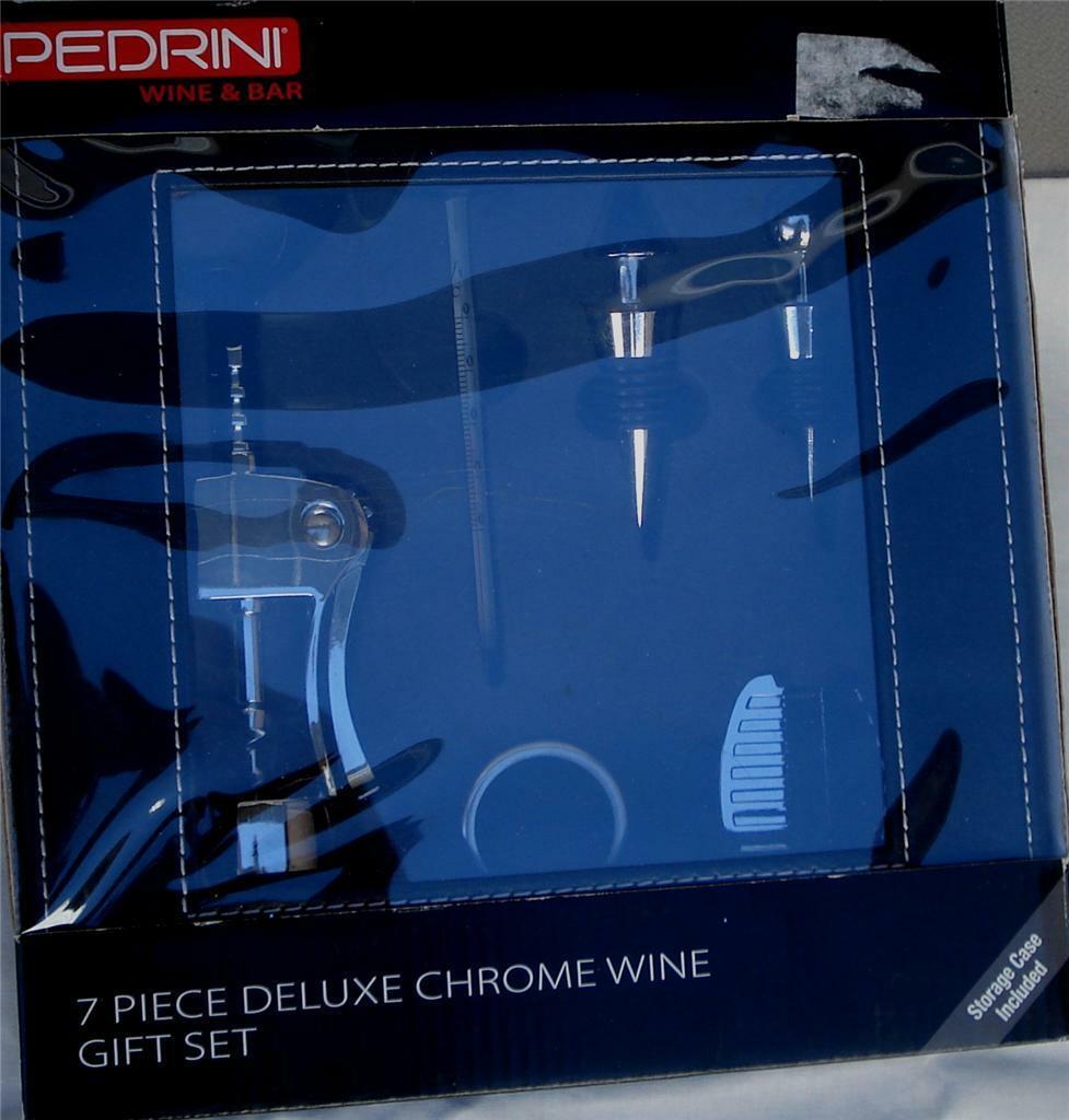 BRAND NEW IN PACKAGE Pedrini 7 Piece Deluxe Chrome Wine Gift Set Includi... - $34.64