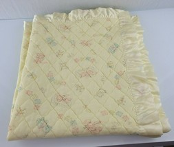 Vintage Yellow Nylon Silky Satin Baby Blanket Bunny Rabbit Rattle Teddy Bear - £39.89 GBP