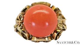 14k Yellow Gold &amp; Vintage - Old Ring, 7 Ct Natural Coral Stone, Size 6.5, 4.9 G - £550.04 GBP