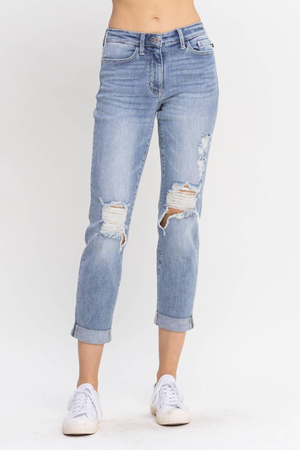 Judy Blue Mid Rise Double Cuff Destroyed Boyfriend Denim Jeans Size 14W - $41.58