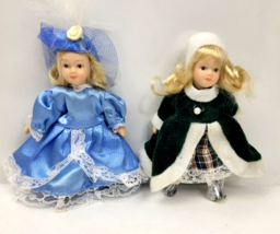 Miniature Porcelain Dolls Fancy Blue Dress &amp; Green Coat w/ Fur Set of 2 Dolls 5&quot; - £7.46 GBP