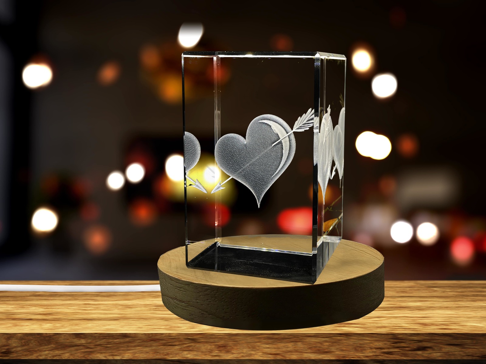 LED Base included | Cupid’s Arrow Heart 3D Engraved Crystal Anniversary Gift