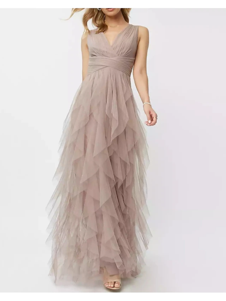 V-neck tulle perspective shoulder strap backless luxurious evening dress