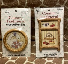 VTG Set of 2 Country Traditional Cross Stitch Kits Apples N&#39; Spice Just Nappin&#39; - £11.18 GBP