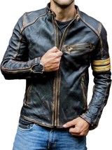 Men&#39;s Leather Jacket Biker Café Racer Sheepskin 100% Genuine Leather - £116.89 GBP
