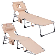 2PCS Outdoor Beach Lounge Chair Folding Chaise Lounge with Pillow Beige - £181.64 GBP