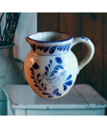 Blue Floral Bird Motif Stoneware Pitcher Vase, Ceramic Decor, Nature Ins... - $29.00